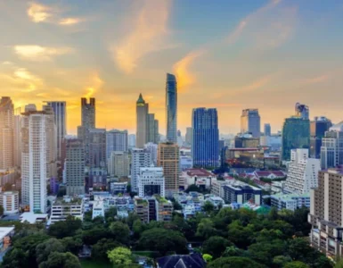 Bangkok Silom skyline view at sunset near Chandee Sleep Salon & Massage