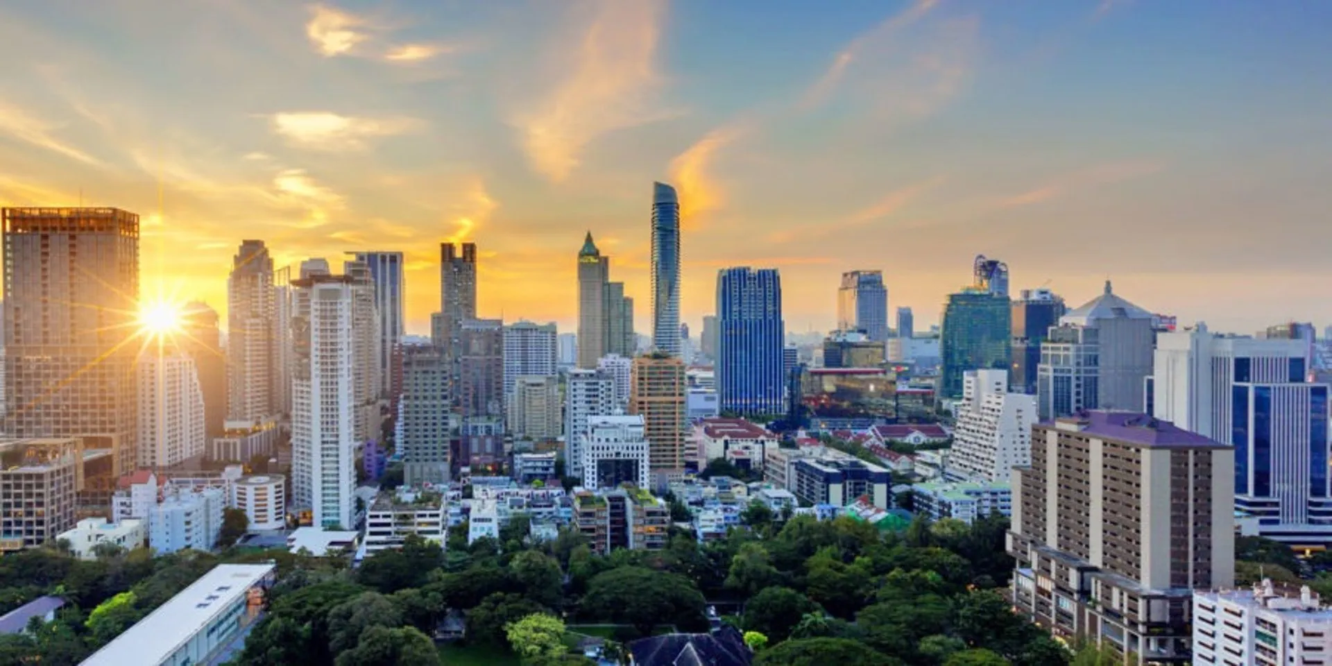 Bangkok Silom skyline view at sunset near Chandee Sleep Salon & Massage